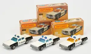 Matchbox Superfast 10c Plymouth Gran Fury "Police" Car Group (1) Black and white with amber windows, blue roof lights and tampo print to sides only, bare metal