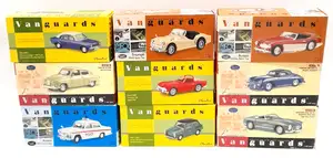 Vanguards, a boxed 1:43 scale group to include VA51000 Austin Healey Open Top in Colorado Red/Ivory White and others