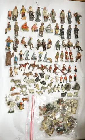 Britains, Timpo & Similar - A Group of Lead Farm/ Civilian Figures and Zoo Animals. Includes Timpo Set No. 6000 'Gypsy Organ Grinder with Dancing Bear'.