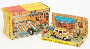 Dinky Toys 107 "Stripy The Magic Mini" - White body with red,yellow,blue and white stripes, red interior, spun hubs