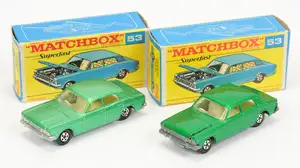 Matchbox Superfast 53a Ford Zodiac Pair (1) light metallic green body with low arches, clear windows, ivory interior, bare metal base, hollow 5-spoke narrow wh