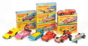 Matchbox Superfast group of early 1970's issues to include 37b Soopa Coopa - metallic blue body,  amber windscreen, lemon yellow interior, bare metal base, Ma