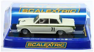 Scalextric Slot Car C2913 Ford Lotus Cortina - Off white with green side flashe