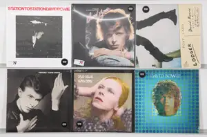 New Vinyl: A collection of classic rock and glam rock vinyl LP records focusing on the studio discography of David Bowie. The selection features various modern