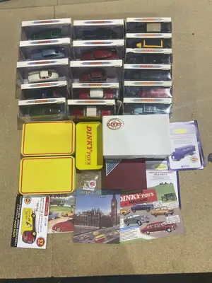 Dinky Toys (Atlas Editions and Matchbox Dinkys), a boxed mixed group of die-cast models and related ephemera to include a quantity of saloon cars and coupes in