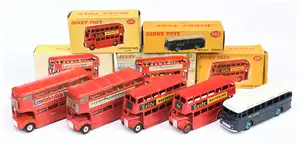 Dinky Toys Buses A Group Of 5 - (1) 282 "BOAC" Airport Coach, (2) 291 Double Decker "Exide",