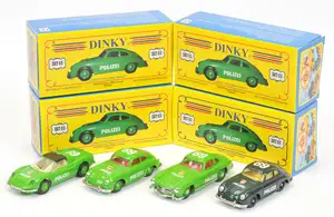Matchbox Dinky Code 2 Issues DKY08 (1) Porsche 356A Coupe "Polizei 69" - metallic lime green, red interior 1of 20 (2) similar but metallic dark green 1 of 6 (3