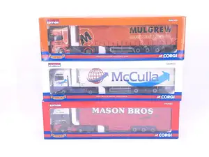 Corgi, a boxed group of 1:50 scale diecast commercial vehicles. Including Scania Topline curtainside “Mulgrew Haulage Ltd”, MAN TGA XXL fridge trailer “M