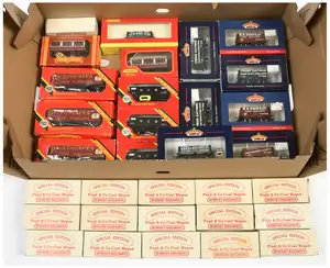 Hornby (GB/China) and Bachmann Branchline OO Gauge rolling stock comprising Hornby R.102 NCB mineral wagons, R.670 6-wheel vans “Palethorpes”, R.112 goods 