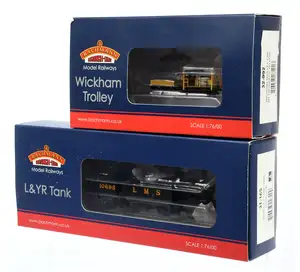 Bachmann Branchline OO Gauge 32-992 Wickham Trolley Car in BR Engineers Yellow livery and 31-165 L&YR 2-4-2 Tank 10695 in LMS black livery, both boxed, conditi