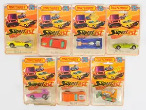 Matchbox Superfast 1970's Issue Blister Pack Group to include 9b AMX Javelin - metallic green, yellow interior, bare metal base; 34b Mustang Vantastic - expose