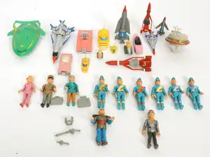 Thunderbirds mixed collection of loose vehicles and action figures including Thunderbird 1, Thunderbird 2 with internal pod, Thunderbird 3, Thunderbird 5, FAB 