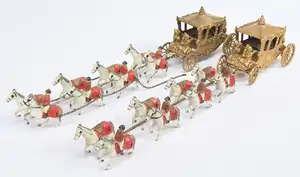 Matchbox Early Moko Lesney Toys Large Scale Coronation Coach Pair (1) with figures of both the King & Queen - gold coach, horses have white drawbar and origina