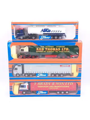 Tekno, a boxed group of 1:50 scale diecast commercial vehicles. Including a Scania tractor unit with Asco tanker trailer, a Ken Thomas Ltd curtainside articula