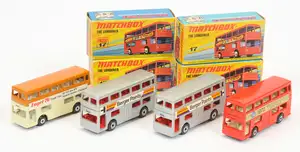 Matchbox Superfast 17b Daimler Fleetline Londoner Bus group (1) "Berger Paints" - metallic silver body with labels facing front, red interior, metallic graphit