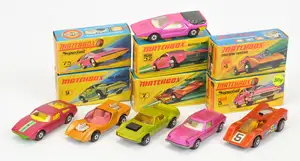 Matchbox Superfast group of early 1970's issue Cars to include 4b Gruesome Twosome - orange gold body; 7b Hairy Hustler - metallic bronze body with racing numb