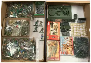 Airfix & Similar - A Boxed and unboxed Group of Various Scaled Plastic Model Soldiers and Vehicles. Includes mostly WWII, but a small quantity of Cowboys and s