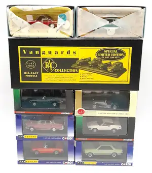 Corgi Vanguards, a boxed 1:43 scale group to include VA04103 Ford Cortina MkII Deluxe (35th Anniversary) in Lagoon Blue and others along with multi vehicle gif