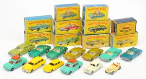 Matchbox Regular Wheels group of Cars to include 31c Lincoln Continental - sea green body, ivory interior, bare metal base with tow guide; similar but metallic