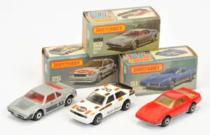 Matchbox Superfast group of early 1980's issue Cars. (1) 25d Audi Quattro with black interior, gloss black base; (2) 51e Pontiac Firebird - red body, clear win