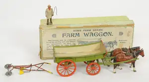 Britains Home Farm Series - Set No. 5F 'Farm Waggon', Boxed. Pre-war issue. Complete with farmer figure, Also includes Plough from unknown maker.
