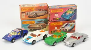 Matchbox Superfast group of Cars (1) 3c Porsche 911 / 930 Turbo - metallic green body, clear windows, light yellow interior, gloss black base; (2) 8c De Tomaso