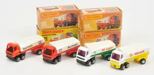 Matchbox Superfast 63b Freeway Gas Tanker Group (1) "Burmah" labels facing rear - burnt orange tractor unit, purple windows, pale red trailer chassis without r