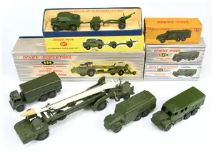 Dinky Toys Military A Group Of 5 - (1) 622 Foden Covered Truck, (2) 666 Missile Erector Vehicle,