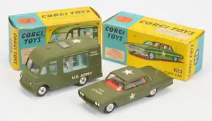 Corgi Toys Military A Pair - (1) 358 Oldsmobile "HQ Staff" Car - Green with red interior, spun hubs