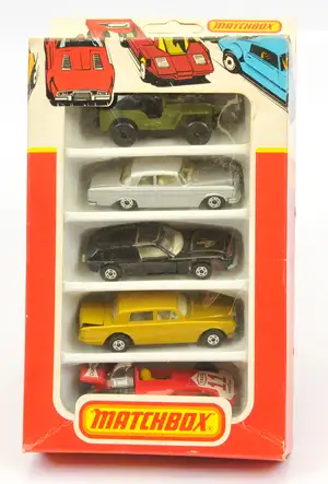 Matchbox Superfast MP1 multi pack Gift Set comprising (1) 5a Lotus Europa - gloss black body with high arches and gold "JPS" tampo print, clear windows, ivory 