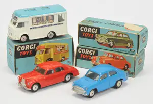 Corgi Toys A Group Of 3 - (1) 202 Morris Cowley - Blue body with silver trim and flat spun hubs, (2) 205 Riley Pathfinder