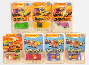 Matchbox Superfast 1970's Issue Blister Pack Group to include 6b Mercedes 350SL - yellow body, black plastic roof, light amber windscreen, lemon yellow interio