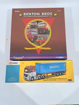 Corgi, a boxed group of 1:50 scale diecast commercial vehicles. Including a Hauliers of Renown Benton Bros Boston & Immingham multi-vehicle set, a Mercedes-Ben