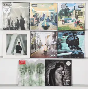 New Vinyl: A selection of Britpop and contemporary alternative rock, featuring seminal studio albums by Oasis alongside solo works and modern releases from inf