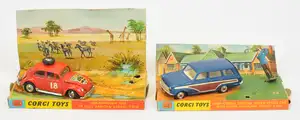 Corgi Toys A Pair - (1) 256 Volkswagen 1200 Salon (Beetle) "East African Safari" - Orange Body with brown LHD Interior