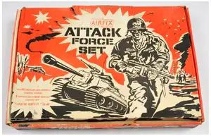 Airfix - Attack Force Set - First Issue 1966, comprising: 9 x "Attack Force" Ready-Made Vehicles: Landing Craft , 2 x SP Guns, 3 x Tanks, 2 x Trucks, an APC, L