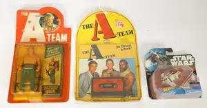 Galoob The A-Team and Star Wars carded collectibles comprising 1) Galoob The A-Team John "Hannibal" Smith poseable action figure with full set of action access