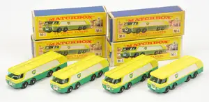 Matchbox Regular Wheels Major Pack 4 x M1 Leyland BP Autotanker group - yellow, green, "BP" labels facing front, without rear silver trim, turquoise green wind