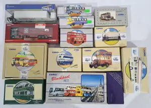 Corgi, a boxed group of diecast bus and commercial vehicle models. Including a “Blackpool Set” comprising Plaxton Paramount, AEC Routemaster and Metrobus, 