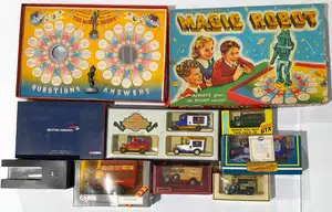 Merit, Corgi, Matchbox and similar, a boxed diecast and vintage game group to include Merit "The Amazing Magic Robot" vintage game, Matchbox Models Of Yesterye