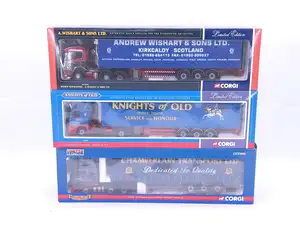 Corgi, a boxed group of 1:50 scale diecast commercial vehicles. Including Scania curtainside in A. Wishart & Sons Ltd livery, Leyland DAF curtainside “Knight