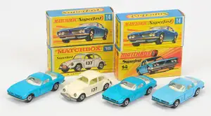 Matchbox Superfast Group Of Early Cars (1) 14a Iso Grifo - mid blue body, white interior, solid 5-spoke narrow wheels (2) mid blue body with wide 5-spoke wheel