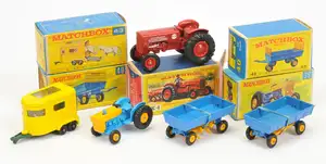 Matchbox Regular Wheels Agricultural Group to include 39c Ford Tractor - blue engine, yellow cover, yellow plastic hubs with black tyres; 2 x 40c Hay Trailer -