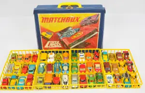 Matchbox Superfast 1971 copyright 48-car carry case with yellow inner plastic trays containing various Superfast Cars including 3c Porsche 911 / 930 Turbo - me
