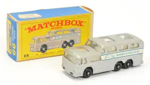Matchbox Regular Wheels 66c Greyhound Coach - Stannard Code 1 - metallic silver body with Greyhound decals, clear windows, white interior, gloss black base wit